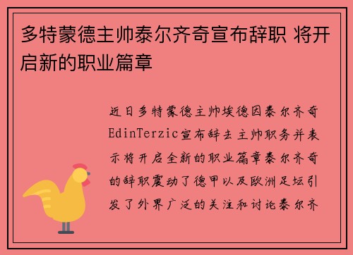 多特蒙德主帅泰尔齐奇宣布辞职 将开启新的职业篇章